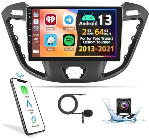CAMECHO 2G+64G Android Car Stereo for Ford Transit Custom Tourneo 2013-2021 with Wireless CarPlay Android Auto Mirror Link 9” Touchscreen GPS Navigation BT WiFi FM/RDS Radio SWC+ Backup Camera