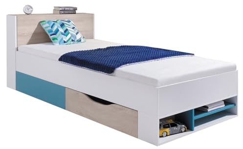 Lomadox Jugendzimmer Bett Jugendbett 90x200cm in weiß Eiche blau
