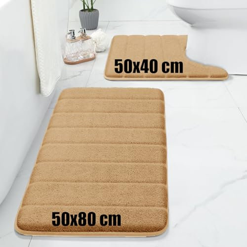 Super Soft Memory Foam Velvet Mat - Modern Design Anti Slip Bath Mat 2 Pieces Sets 50 x 80 cm, 50 x 40 cm Washable Bathroom Door Mat - Beige