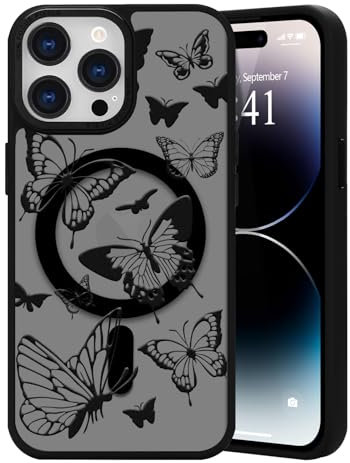 LLZ.COQUE Magnetic for iPhone 14 Pro Max Case, Compatible with Magsafe Butterfly Pattern Phone Case, Translucent Matte Back Anti-scratch Protective Cover for iPhone 14 Pro Max, Black Butterfly