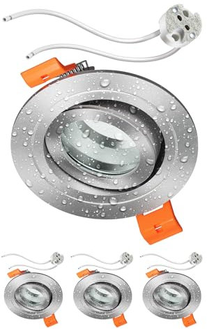 ledscom.de 4 Stück Bad-Deckeneinbaurahmen ERID, Feuchtraum, Badezimmer, IP44, rund, schwenkbar, aluminium matt, inkl. GU5.3 Fassung