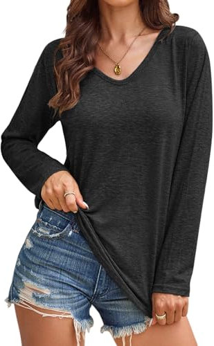 EDOTON Mujer Manga Larga Camiseta Cuello V Casual Crop Tops Mangas Sueltas Tops Sueltas Camisetas Sin Mangas Túnicas para Mujer (XXL,B Negro)