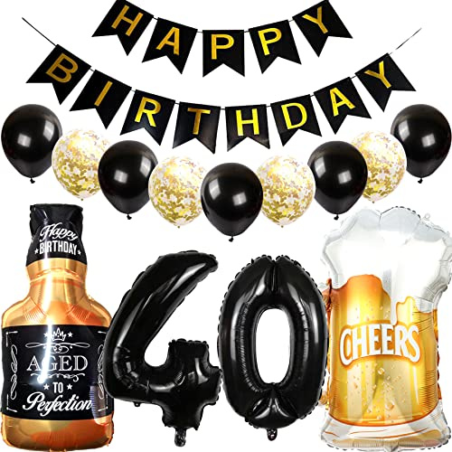 Feelairy 40. Geburtstag Deko Set: Happy Birthday Banner, Whiskey & Bier Folienballons, Schwarz Latexballons, Gold Konfetti, für Mann oder Frau