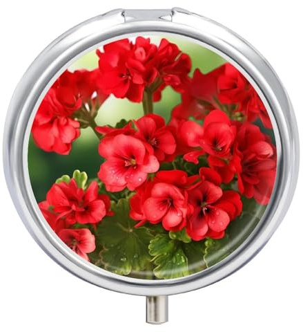 Red Geraniums Pill Box Cute Round Pill Case Portable Medicine Tablet Vitamin Holder Organizer for Purse Pocket
