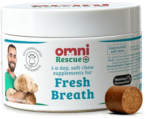 Omni Dog Breath Freshener Supplement – Peppermint Dental Chews | One-a-day peppermint chew – bad breath treatment and plaque remover for dogs, 30 servings, Medium 15-30 Kg