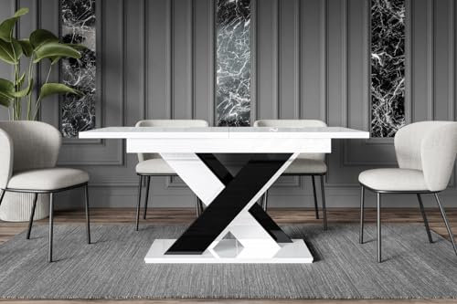 ALTDECOR Esstisch ausziehbar, ideal als Küchentisch, Esszimmertisch - oder Wohnzimmertisch, solide Konstruktion aus Möbelplatte, 140-180x80x75 cm - Weiß Hochglanz/Schwarz Hochglanz - RONX