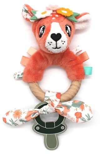 LES DEGLINGOS Anneau de Dentition Melimelos la biche, Silicone et Bois, Eveil bébé, Jaune Terracotta, 24 cm