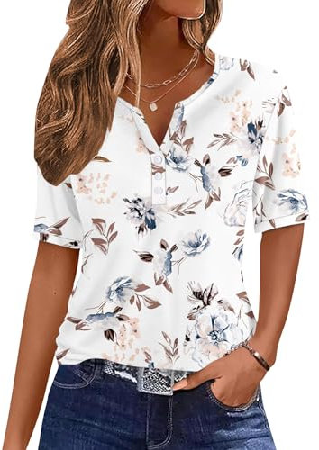 WNEEDU Women Summer T Shirts V Neck Button Ladies Tops Short Sleeve Blouses Tunic Tops Casual Henley Shirts Floral White L