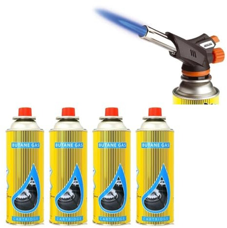 BlowTorch with 4 Butane Gas Cans – Auto Ignition, Adjustable Flame, Kitchen Blow Torch with Heat Capacity of Upto 1300° C, Flamethrower Soldering Torch Lighter for Camping, Cooking, Kitchen & BBQ
