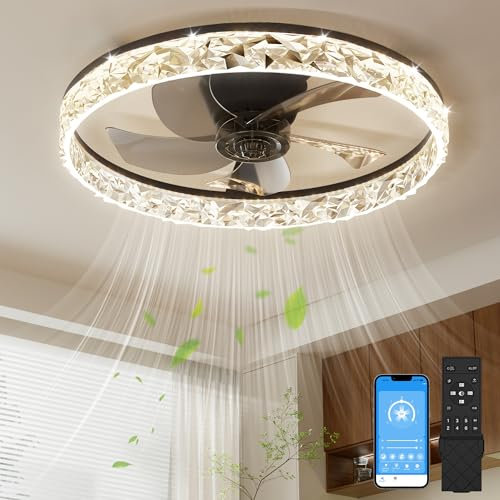 NIORSUN 50CM LED Ceiling Fan with Lights and Remote, Dimmable Low Profile Ceiling Fan, Flush Mount Ceiling Fan, Stepless Color Temperature Change and 6 Speeds(Black)