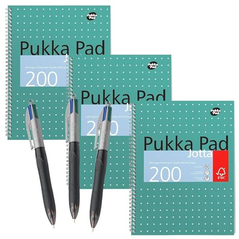 DLM Direct BIC 4 Colour Grip Pro Pen Pack of 3 Plastic Barrel with Rubber Grip & Pukka Pad A4 Metallic Jotta 3 Pack Wirebound Notebook 8mm Lines 80GSM Paper for Students and Creative Projects