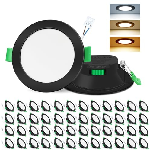 ALUSSO LED Einbaustrahler 230V 7W 3CCT Dimmbar 68mm Spots, Schwarz 48er Set | 3000K/4000K/6500K Verstellbar Einbauspots, Ultra Flach IP44 Einbauleuchten Für Zimmer, Badezimmer, Küche, Büro, Dachvorsprung