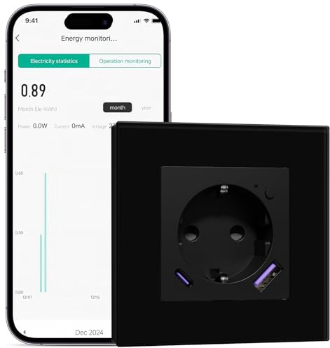 BSEEDLIFE Wifi Steckdose Unterputz Wandsteckdose mit intelligenter Energieüberwachung, Glassteckdose mit USB-A$USB-C, APP-Steuerung Arbeit mit Alexa/Google Home, Zeitpläne, Timer... Schwarz