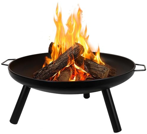 Feuerkorb 59 cm Runde Feuerschale Metall Outdoor Feuerstelle Gartenfeuer | BURI Grillschale aus Stahl mit zwei Griffen und drei Standfüßen als Pflanzschale oder Grillzubehör für Garten und Terrasse