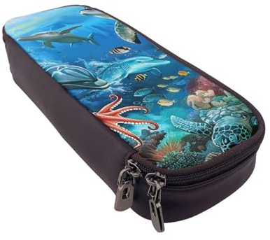Flying Dove bedrucktes Leder-Flip-Federmäppchen – multifunktionaler Organizer für Schule, Büro und Reisen, Delfine Meeresschildkröte Korallenriff, Einheitsgröße, Schulranzen