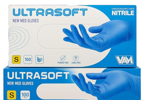 Guanti Monouso in Nitrile Ultrasoft Blu – Senza Lattice e Senza Polvere – Resistenti, Non Sterili, Microruvidi e Confortevoli – Uso Medico, Professionale e Alimentare – Box 100 Pz (TAGLIA S)