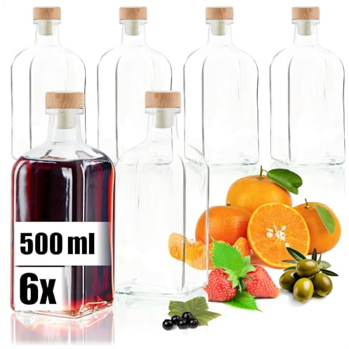 Robin Goods® 6x Glasflasche 500 ml mit Korken - leere Flasche mit Korkenverschluss - Glasbehälter zum Befüllen mit Flüssigkeiten wie Öl, Essig und Spirituosen