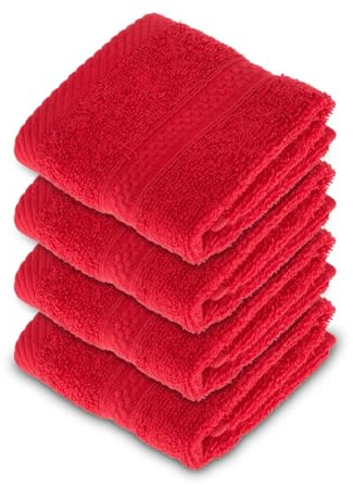 HOMESCAPES Red Turkish Cotton Set of 4 Face Cloths Flannel Super Soft Thick & Absorbent 500 GSM Towel Heavy Weight for everyday Luxury