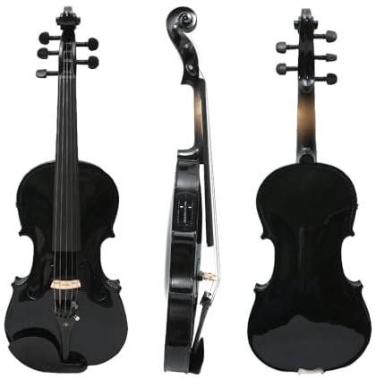 Conboxus Violín eléctrico 4/4 tamaño completo de 5 cuerdas de abeto macizo de arce con accesorios de ébano, perfecto para escenario con funda, arco, cable, puente, reposamanos, paño de limpieza (negro