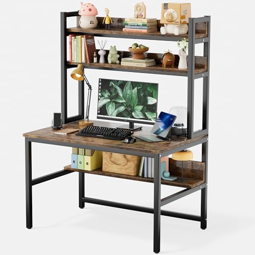 Aquzee Schreibtisch mit Regal, 100 cm Kleiner Schreibtisch, Platzsparend Aufsatzregal PC Tisch, Schreibtisch Holz mit Stauraum, Homeoffice Bürotisch für Schlafzimmer, Vintage
