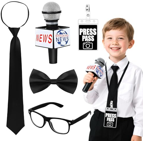 Kids News Reporter Costume Props Set, Journalist Accessories with Prop Microphone Press Pass Pre Tied, Etc, Complete Set for School Uniform Days, World Book Week, Halloween Parties