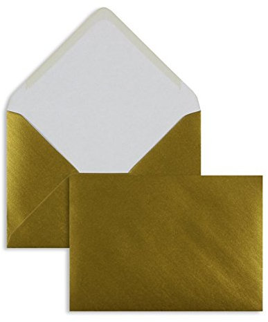 100 Stück, Farbige Briefumschläge, DIN C6, Nassklebung, Spitze Klappe, 100 g/qm Offset, Ohne Fenster, Gold, Blanke Briefhüllen