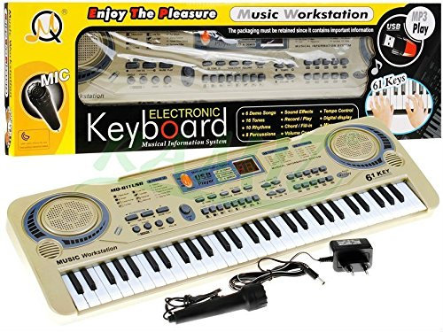 BSD Keyboard MQ-811USB mit Aufnahme-Funktion und Mikrofon, USB - 15 Sounds und 10 Rythmen, Lautsprecher, Lautstärkeregler, 61 Tasten, LCD-Anzeige - Electric Piano
