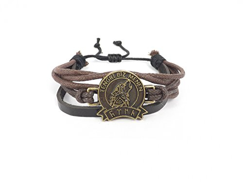 Gök-Türk Lederarmband für Herren Unisex 'Tengri Biz Menen' Wolf - Braun
