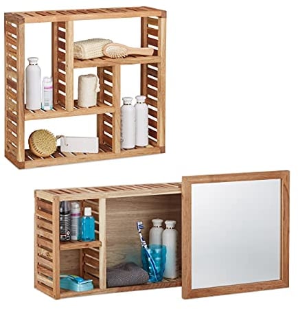 Relaxdays 2 TLG. Badregal Set Walnuss, Wandregal mit 5 Fächern, Badezimmerschrank mit Spiegel, Holzschrank, Natur, geöltes Holz