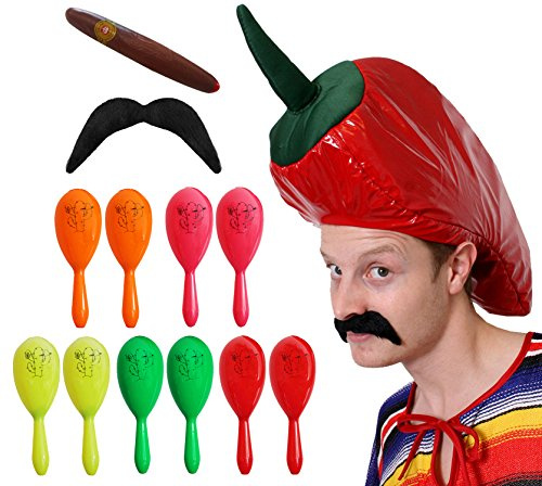 Mexikanische rote Chili-Hut, 2 x Kunststoff-Maracas, Jumbo-Zigarren- und Stick-on-Taschen; perfekt für Erwachsene im Wilden Westen / um die Welt herum Mexiko Kostümparty