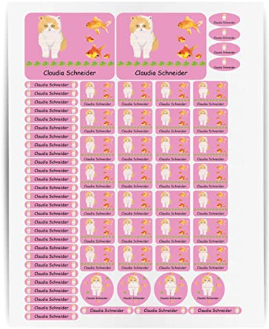 Namensaufkleber Kinder Schule Katze - 69 Sticker - A4-Bogen - Namensetiketten selbstklebend - Aufkleber selbst gestalten - Kindergarten, KITA, Brotdose, Bücher, Federmappe, personalisiert