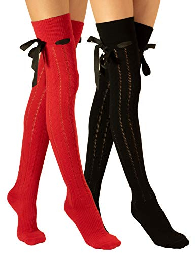Molton Marley 2 Paar Damen Overknee Strümpfe Lange, mit Schleife, Baumwollstrick, Überknie Strick Socken rot, schwarz 37-41 EU