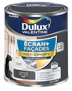 Dulux Valentine Peinture Ecran+ Multi-Supports Extérieure Façades - Crépis, Briques, Ciment, Enduit, Alu, Zinc, PVC - Couleur Longue Tenue - Mat Gris Anthracite 1L