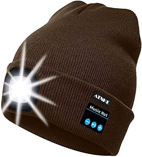 ATNKE LED beleuchtete Bluetooth-Beanie-Kappe, wiederaufladbare USB-Musikalische Laufmütze mit extrem hellem 4-LED-Licht wasserdichte Lampe für das Skifahren Wandern Camping Radfahren/Coffee