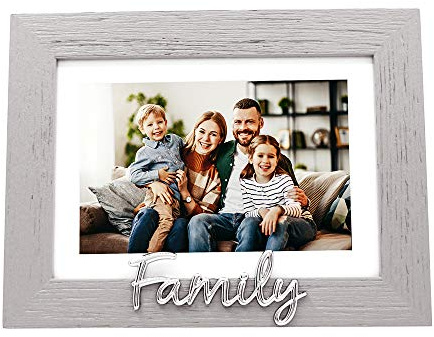 Happy Homewares Grey Woodgrain Effect Family Picture Frame with Silver Letters - 6x4 with White Matt or 7x5
