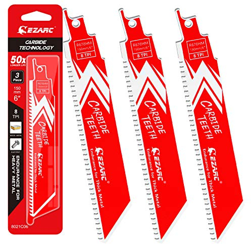 EZARC Carbide Reciprocating Saw Blade R678HM Endurance for Thick Metal, Cast Iron, Alloy Steel 150mm 8TPI, 3-Pack