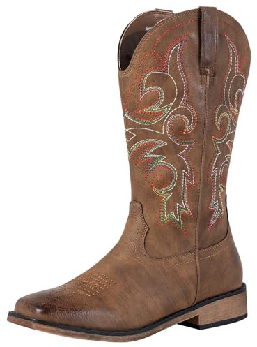 SheSole Women's Square Toe Western Cowgirl Cowboy Boots Mid Calf Embroidered Brown UK Size 5