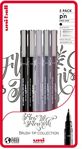 Uni-ball Flow and Flourish, uni-PIN Fineliner Zeichenstifte, 5 Stück, Schwarz
