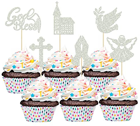 Gyufise 24 Pack God Bless and Baptism Cupcake Toppers with Dove Cross Angel Church Cupcake Picks Religious God Bless Theme Baby Shower Kids Birthday Christmas Party Cake Decorations Silver