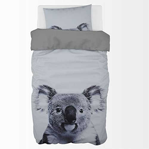 Zomer - Koala Bettwäsche 135x200 cm Grau Microfaser Bedruckte Bettwäsche-Sets 2 teilig - 1 Flauschige Bettbezug und 1 Kissenbezug 80x80 cm