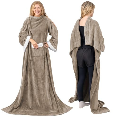 PAVILIA Coperta in pile con maniche per donne e uomini, adulti, coperta indossabile calda e morbida in peluche, comoda coperta per TV con maniche tascabili, idea regalo per mamma e moglie, color