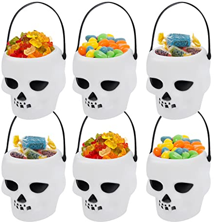 6Pcs Mini Halloween Eimer Süßigkeitenhalter, Halloween Süßigkeiten Eimer, Skull Bucket Candy Eimer, Candy Halter Topf mit Griff Trick or Treat Bag,Candy Bucket Candy Kessel,für Halloween Party Deko B