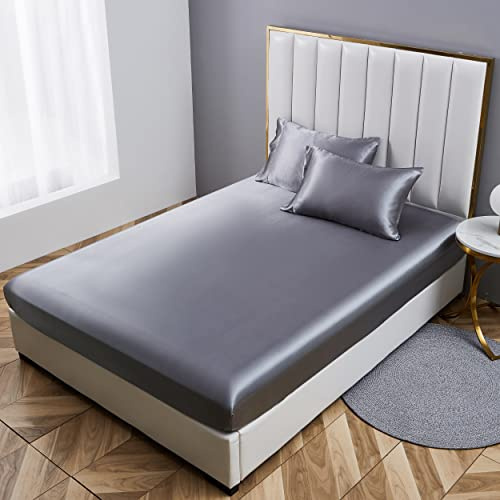 Damier Spannbettlaken 160x200cm Grau Dunkelgrau Anthrazit Satin Seide Glänzend Bettlaken Hochwertiges Deluxe Unifarben Spannbetttuch, Geeignet für Matratzen bis 30cm
