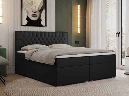 MKS MEBLE Boxspringbett 120x200 cm mit Bettkasten, Premium Multipocket Matratze H3 mit Topper T25, Doppelbett mit Kopfteil PERA - Schwarz Kunstleder