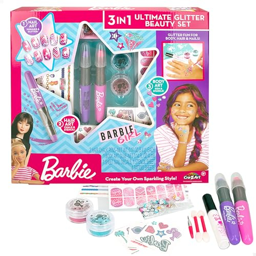 Colorbaby Barbie 48429 Glitzerkreide, 3-in-1, für Haare, Nägel und Körper, temporäre Tattoos, Bunte Haarkreide, Nagelset, temporäre Dochte, für Mädchen ab 8 Jahren, 48429