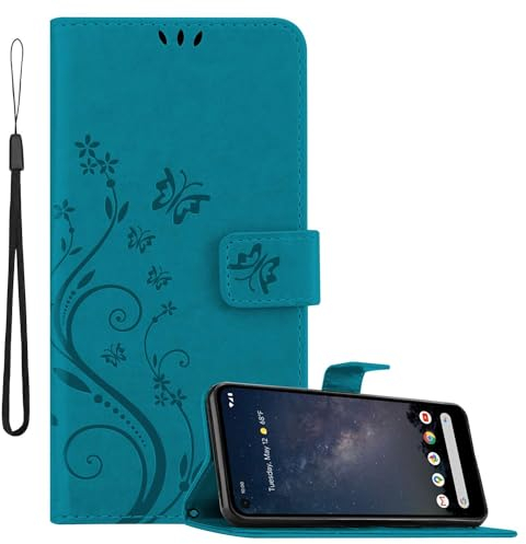 Cadorabo Hülle kompatibel mit Google Pixel 4A 5G Blumen Design aus Premium Kunst Leder Flip Stoßfeste Magnetische [Standfunktion] [Kartenfächern] Cover Case für Google Pixel 4A 5G Tasche in Blau