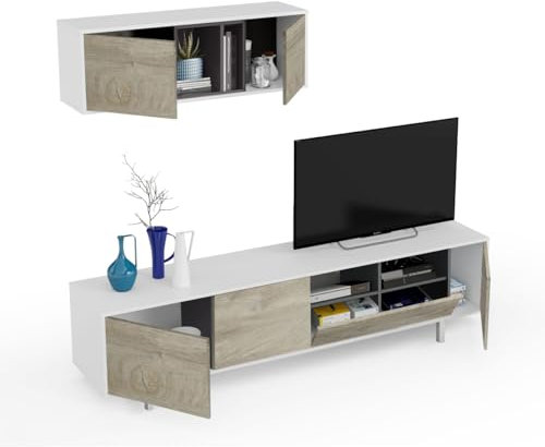 MarinelliGroup Parete attrezzata soggiorno moderna mobile TV pensile sala pranzo salotto ROVERE + BIANCO 200 X 47 X 40 cm 0C6632A