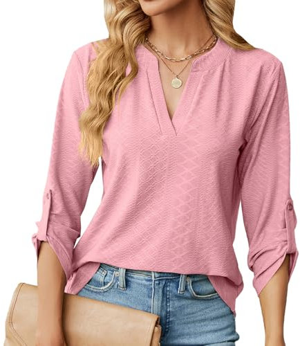 Chemisier élégant à Col en V pour Femme Chic Chemisier Ample à Manches Enroulables à 3/4 Manches Longues Lâches Hauts Tuniques de Base T-Shirt Blouses(S-XXL)