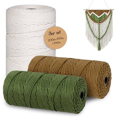 Makramee Garn 3mm x 400 m,Homewit 3 stück Makramee Set Anfänger, Natürliches Qetlavee für selbstgemachte Pflanzenaufhänger, Wandbehänge und Weihnachtsdekorationen(Beige, Grün, Braun)