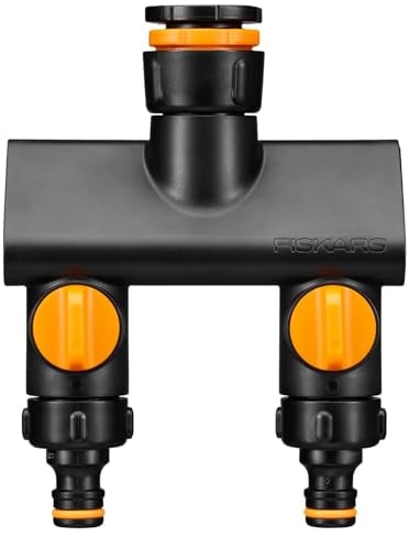 Fiskars 2-Wege-Ventil, Mit On/Off-Schaltern, Für 3 Gewindegrößen Ø 21 mm (1/2), Ø 26,5 mm (3/4) und Ø 33,3 mm (1), Comfort, Schwarz/Orange, 1070577